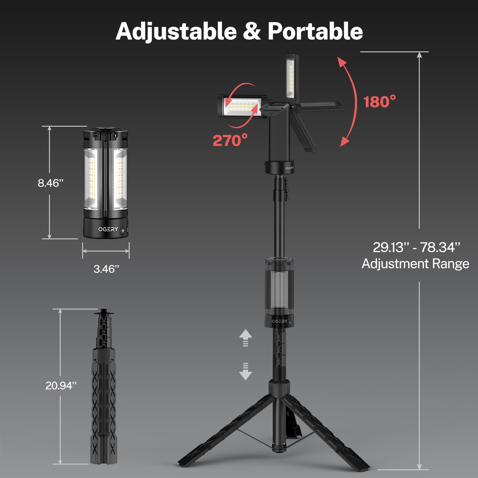 OGERY detachable-tripod-lamp-head enables easy setup anywhere.