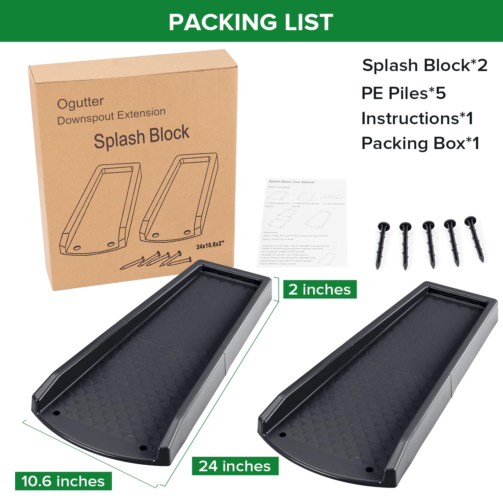 Ogutter packaging shows two blocks and five piles for quick setup