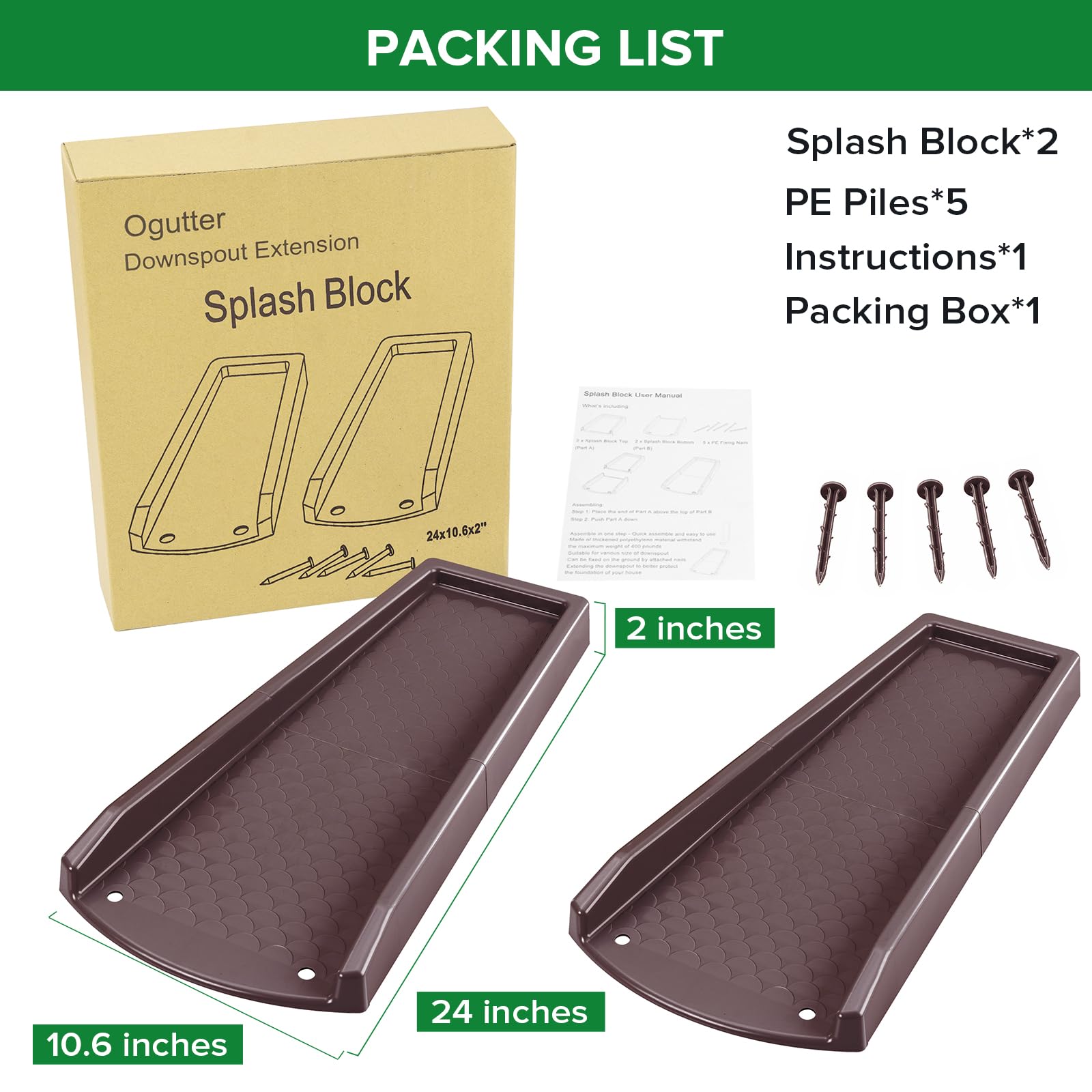 Ogutter brown splash blocks packaging highlights simple setup and long-lasting use
