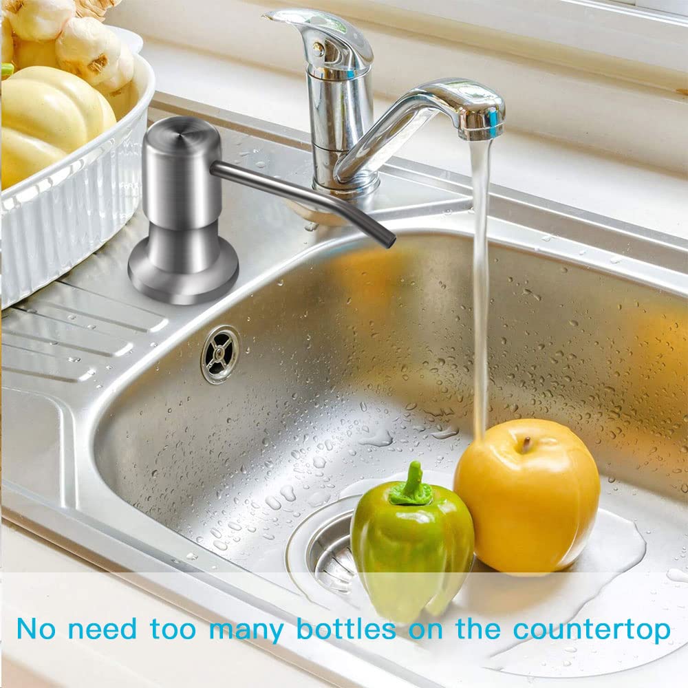 OHiHi dish soap dispenser in bathroom sink setup keeps counters tidy.