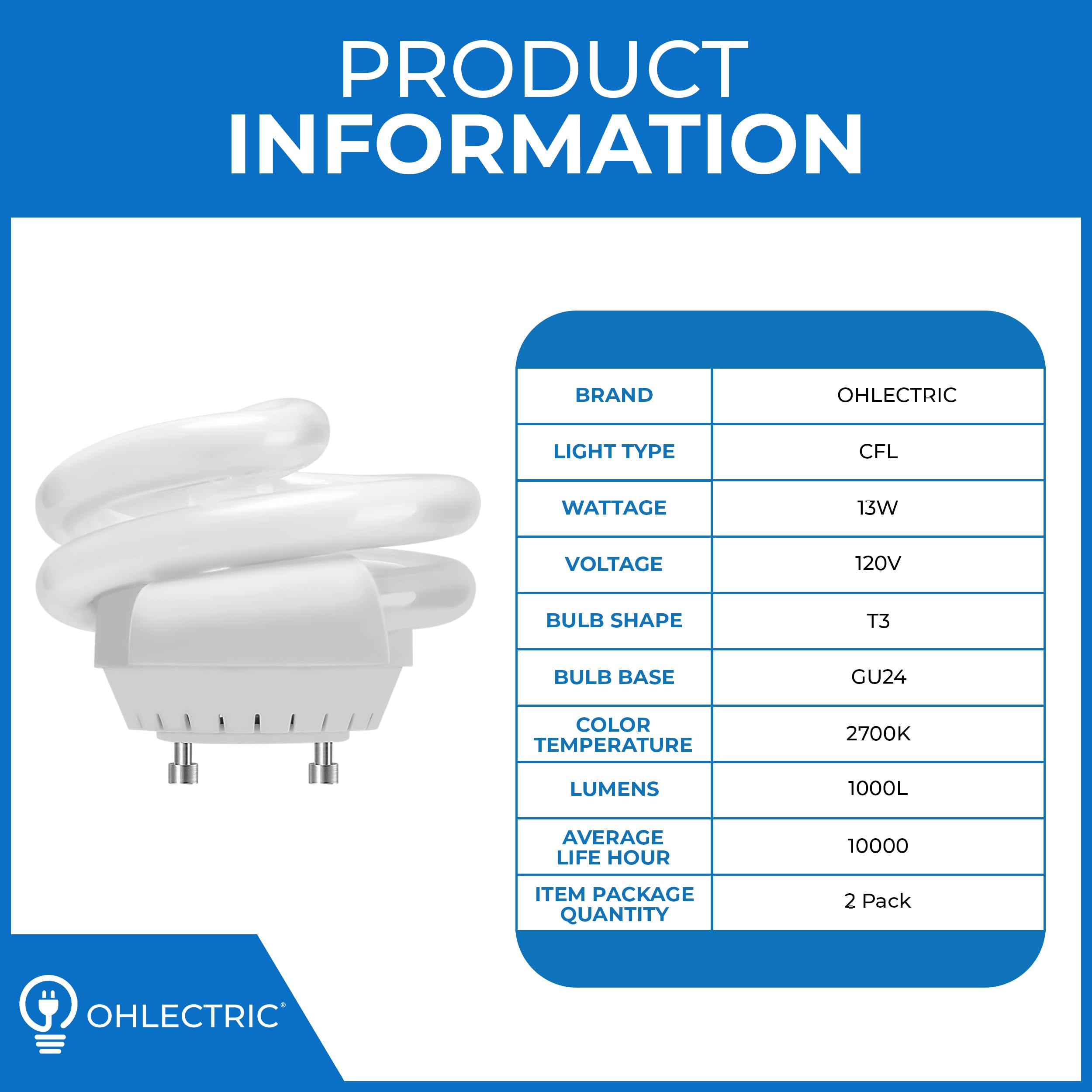 OHLECTRIC MLS13GUSWW GU24 base twist-lock enables easy installation.