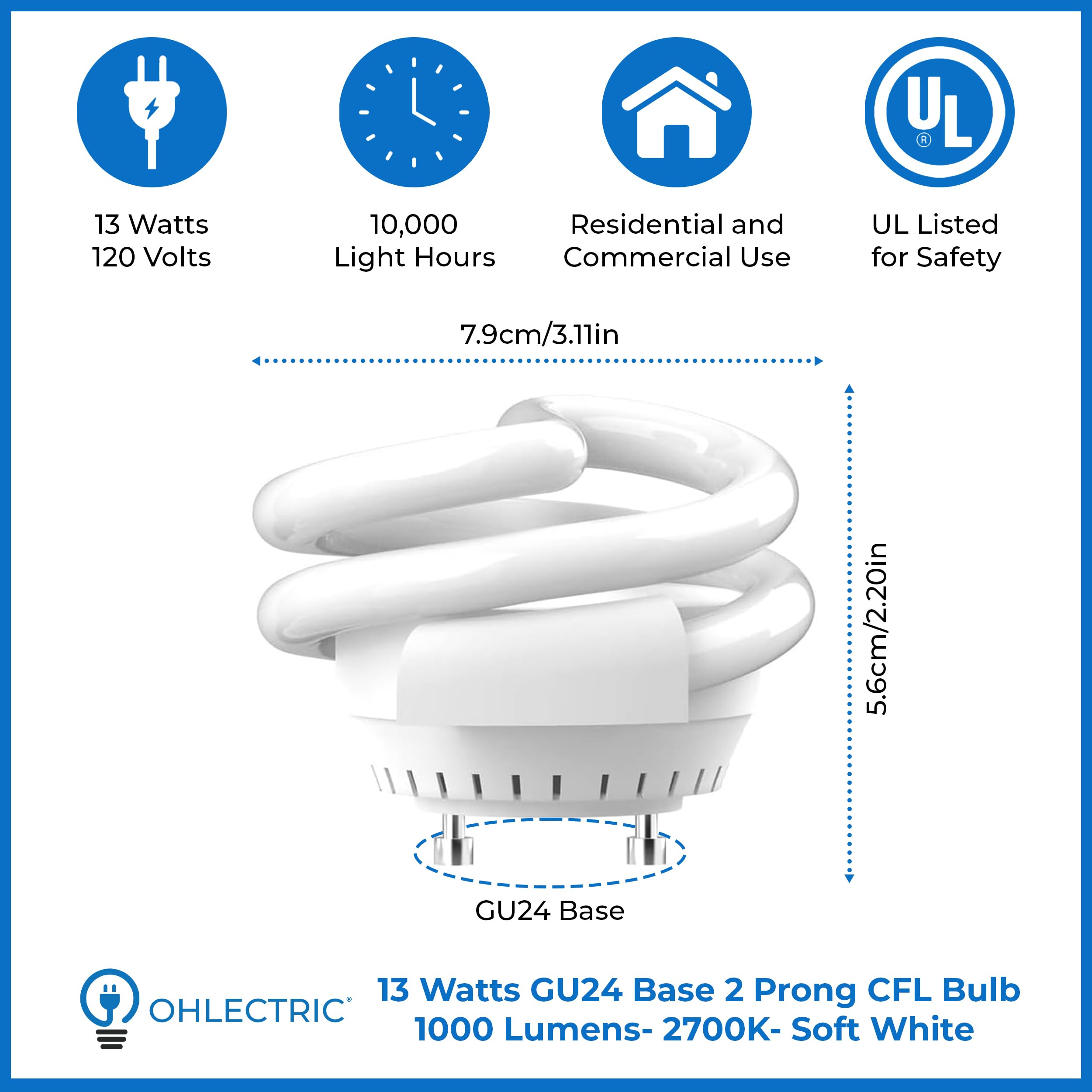OHLECTRIC MLS13GUSWW warm white 2700K glow for cozy rooms.