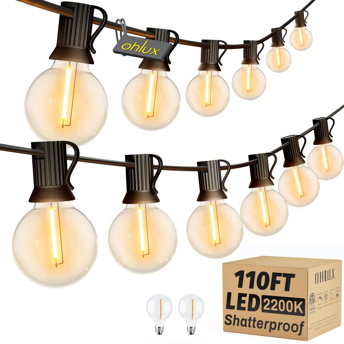 OHLUX outdoor string lights 110ft with globe bulbs for cozy backyard ambiance.