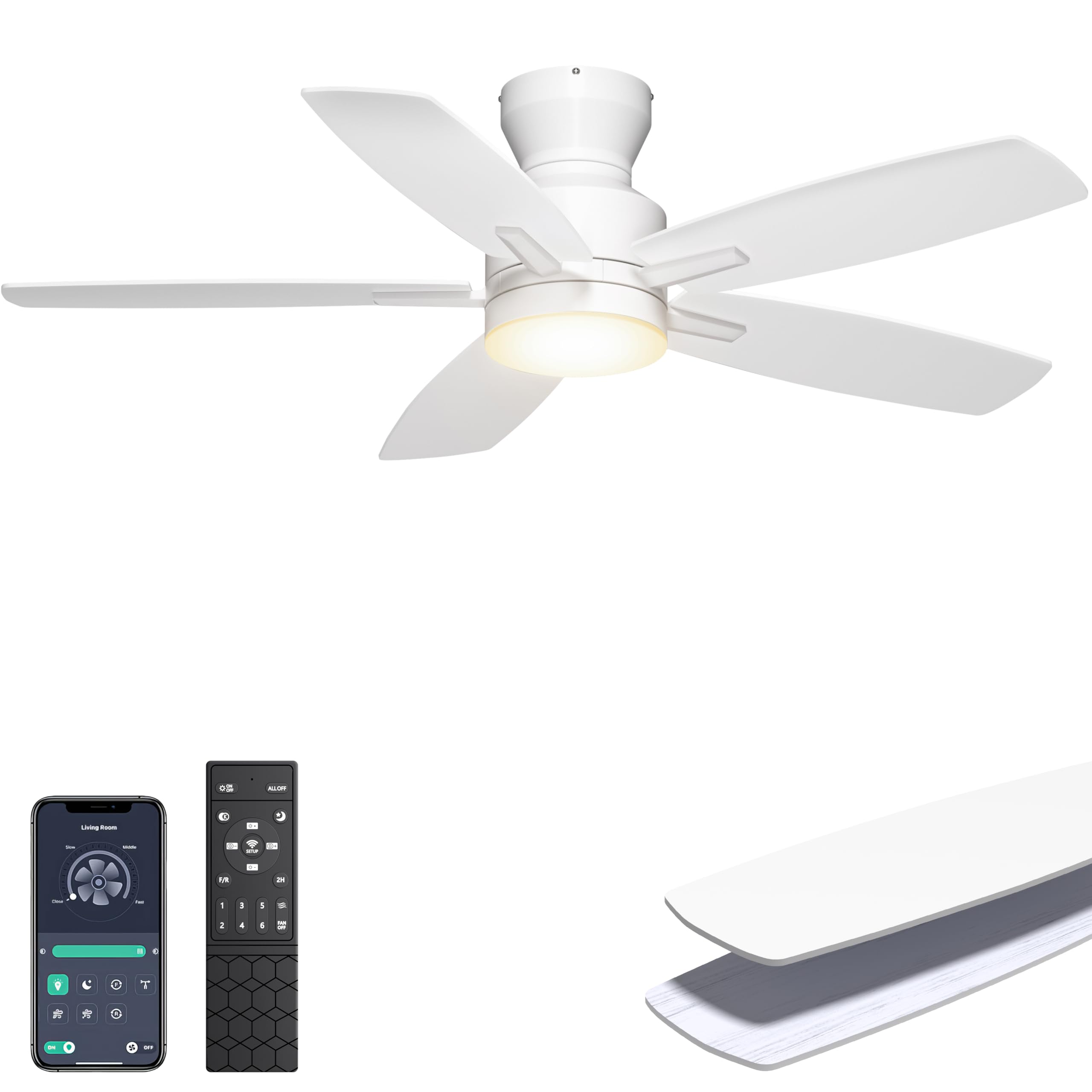 Ohniyou 42in white ceiling fan front view; space-saving design for bedrooms.