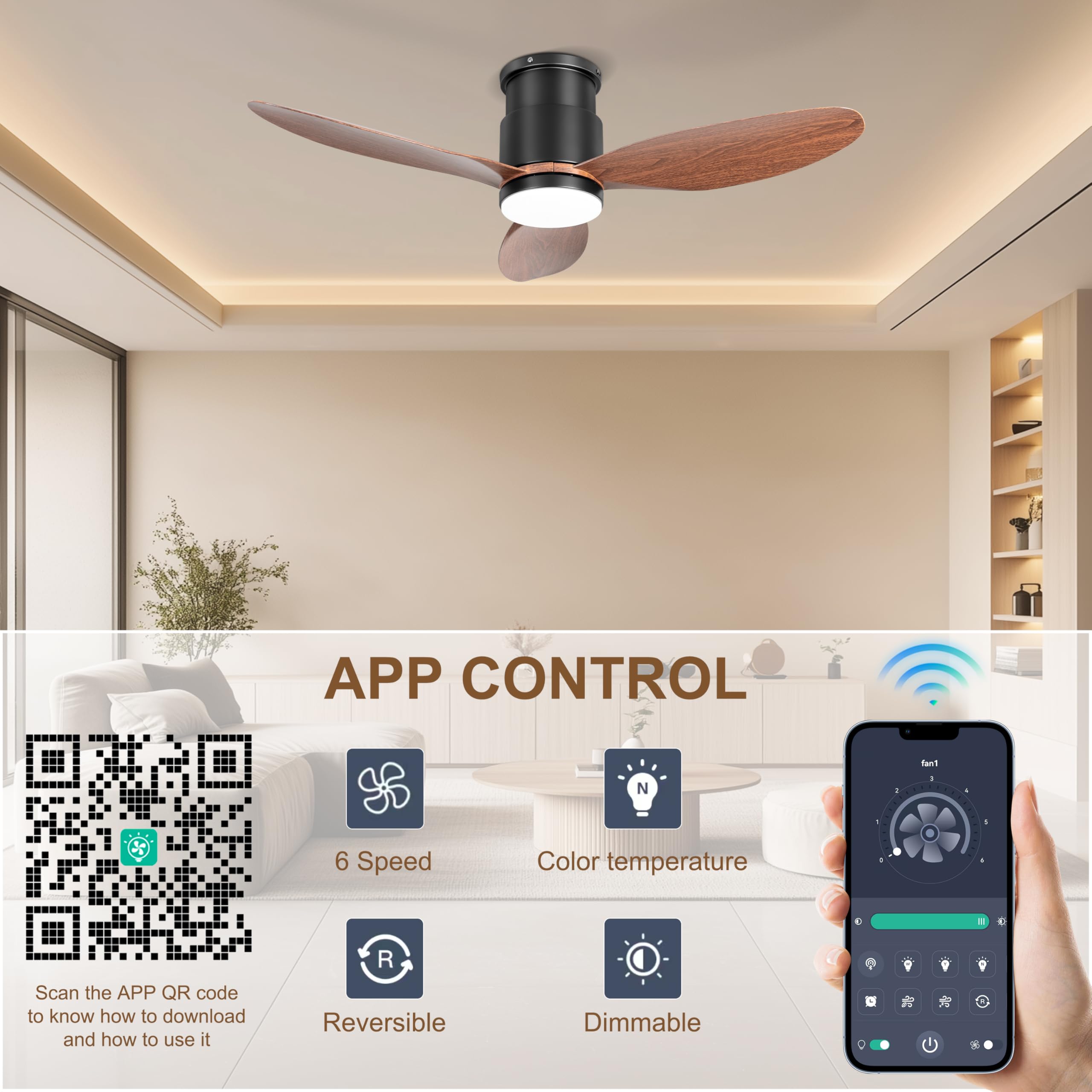 Ohniyou 42-inch fan operates quietly at under 35dB for peaceful rooms.