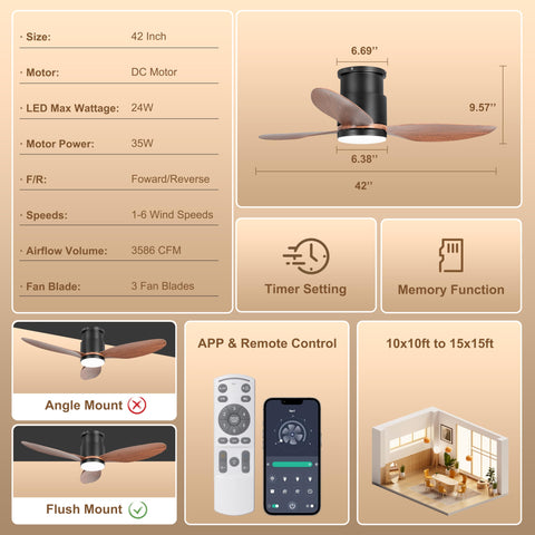 Ohniyou 42-inch ceiling fan with six speeds for precise comfort.