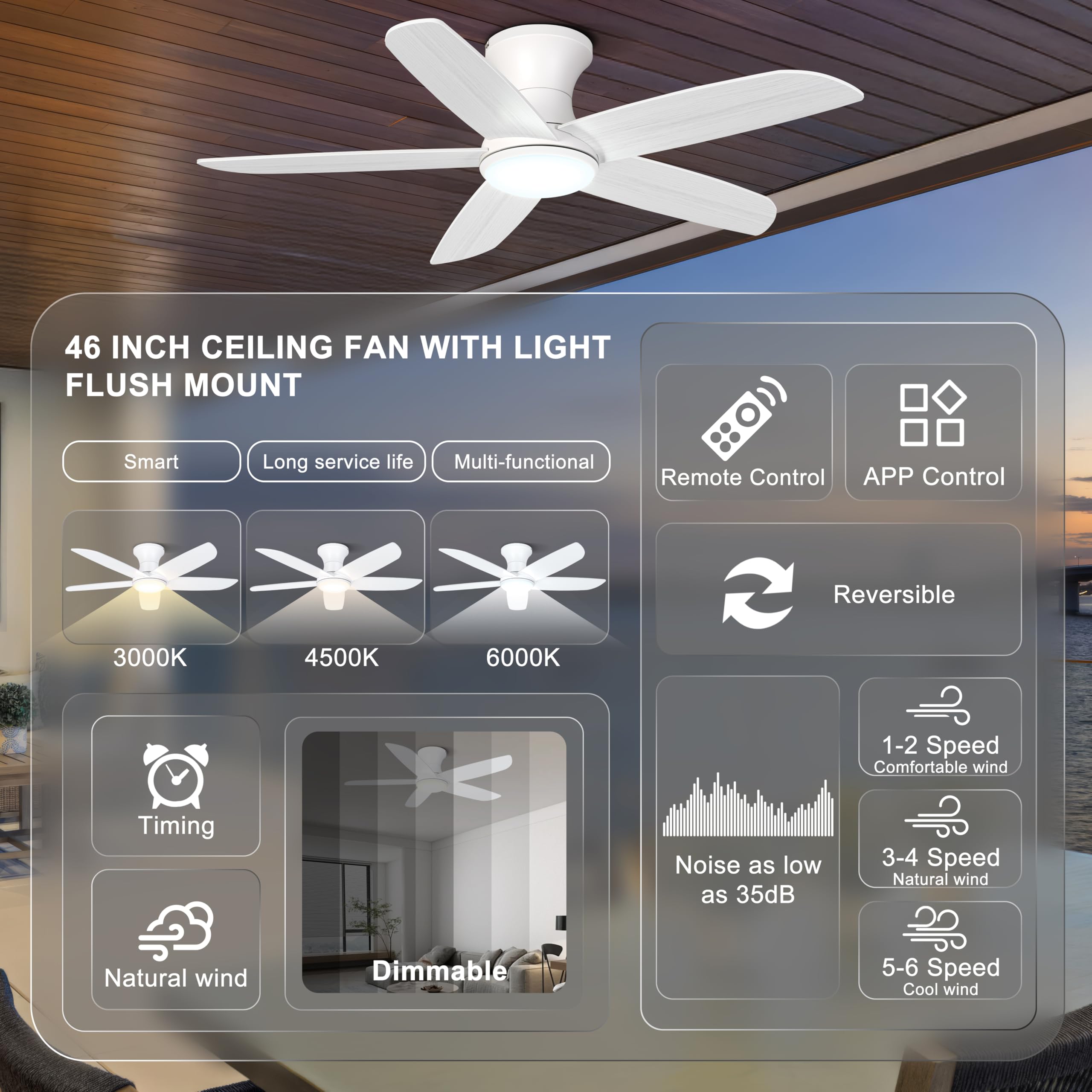 Ohniyou 46'' ceiling fan with lights, back view, remote and app ready.