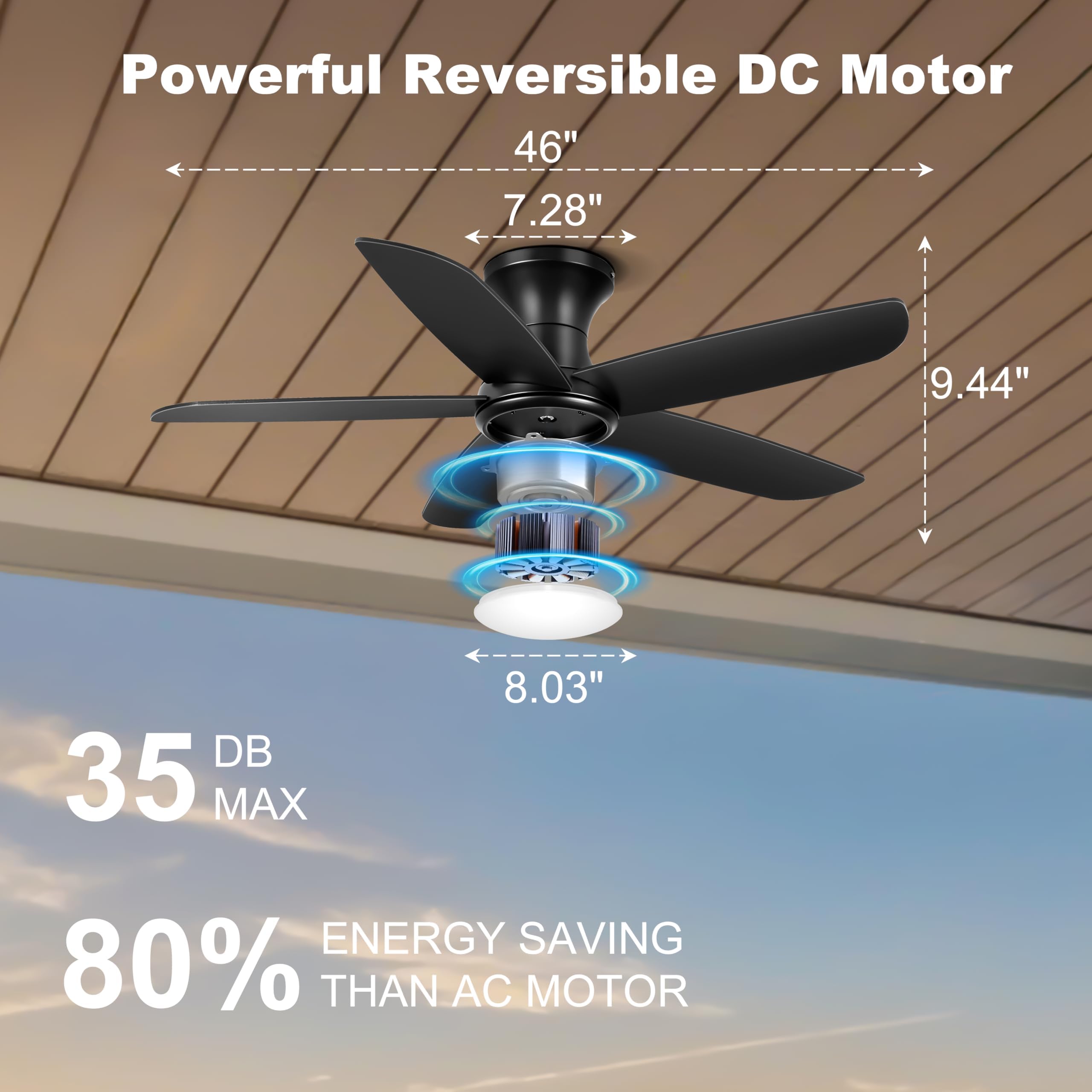 Ohniyou 46-inch ceiling fan lights on side profile, dimmable ambience.