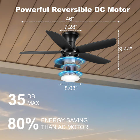 Ohniyou 46-inch ceiling fan lights on side profile, dimmable ambience.
