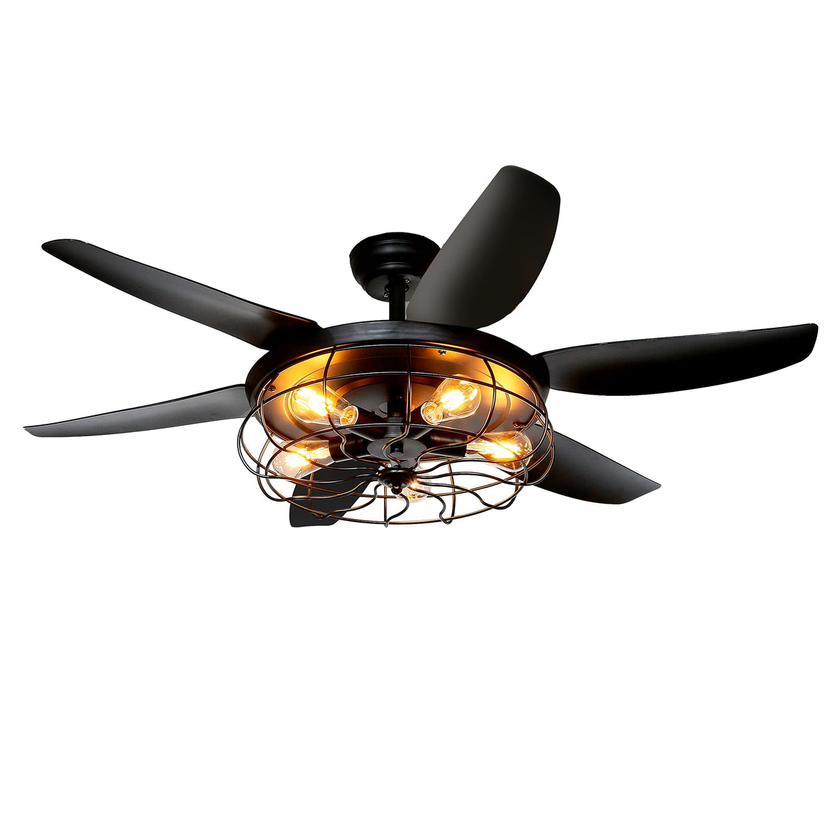Ohniyou 52-inch black cage light ceiling fan illuminating a living space