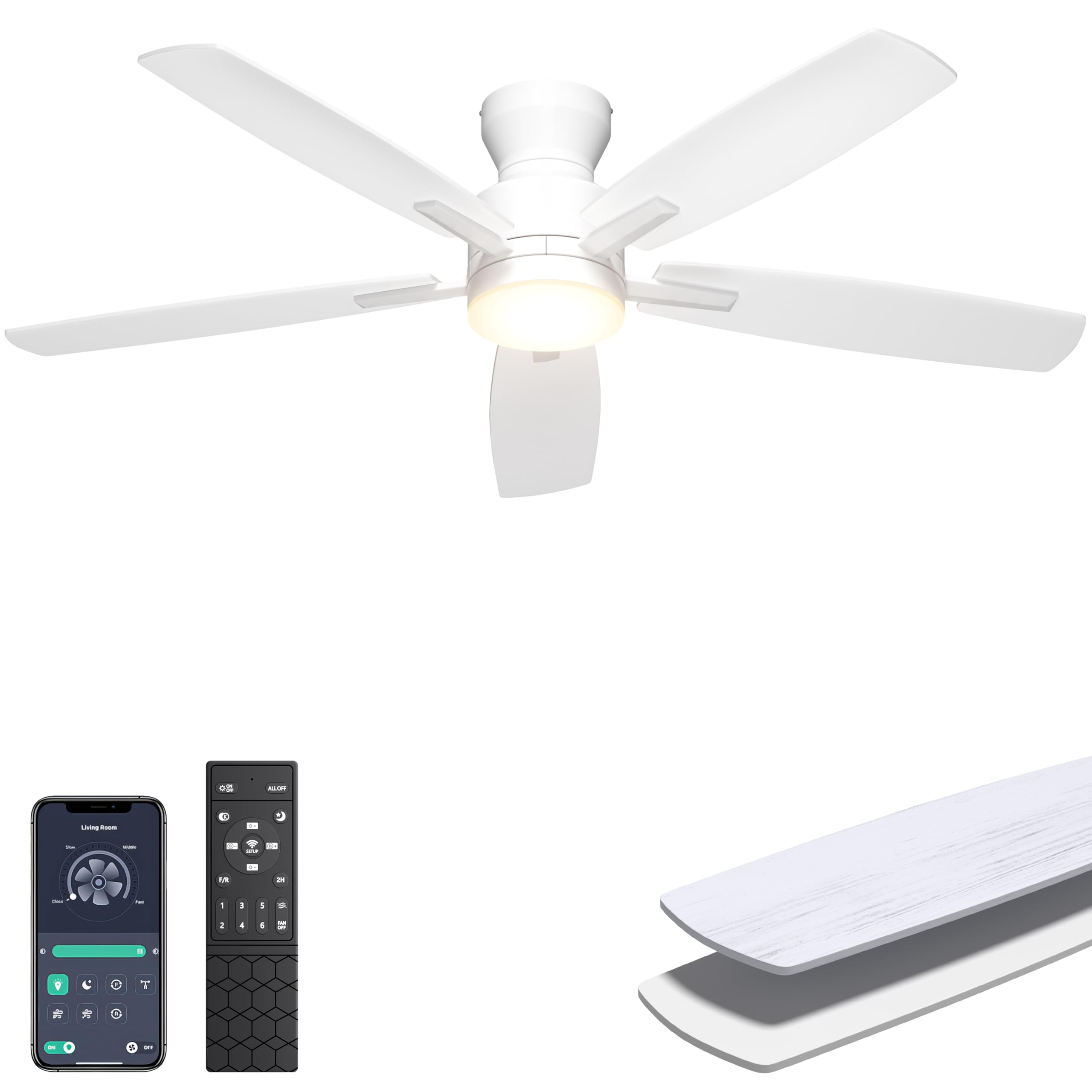Ohniyou 52-inch ceiling fan with light in white for living rooms.