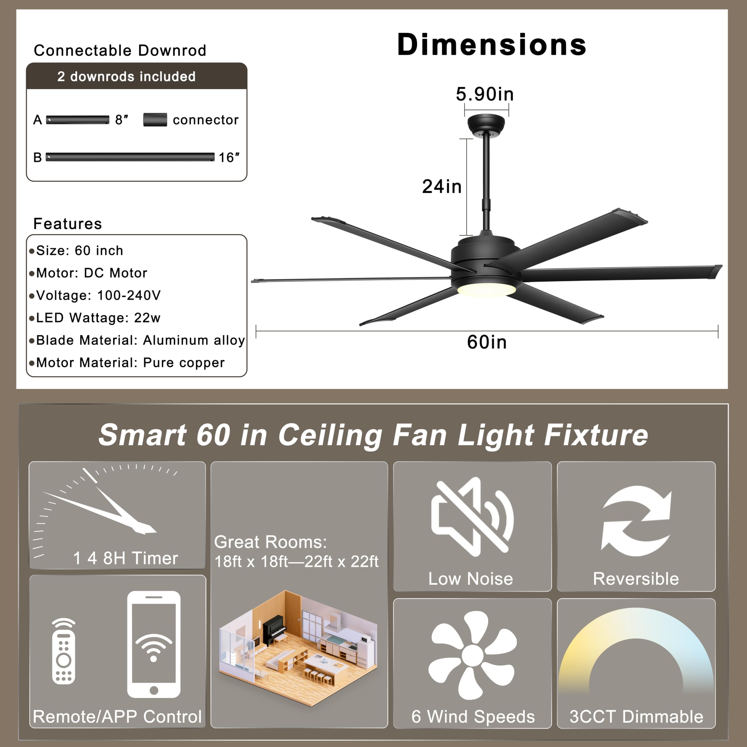 Ohniyou 60in ceiling fan DC motor for energy efficiency.