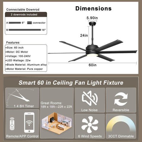 Ohniyou 60in ceiling fan DC motor for energy efficiency.