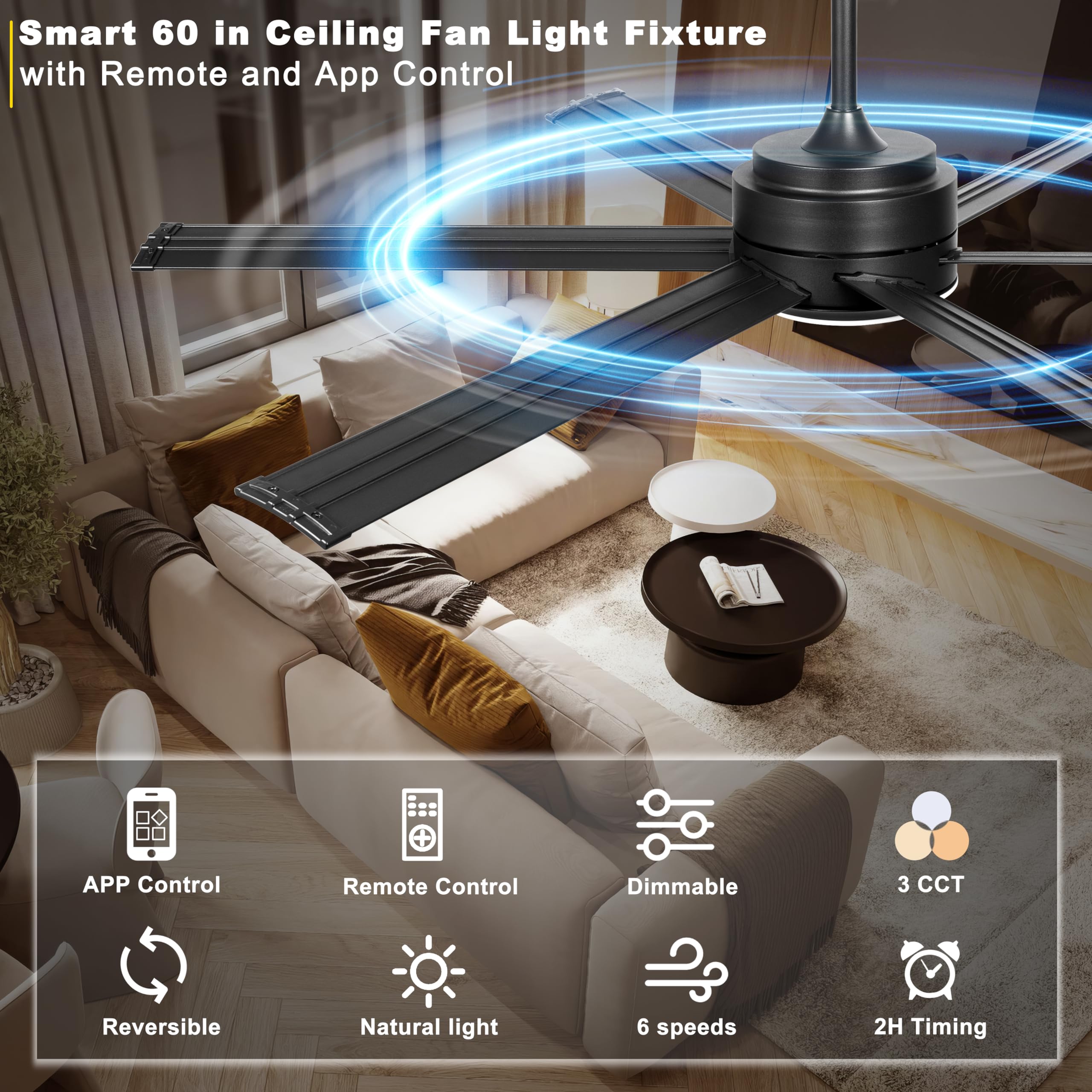 Ohniyou 60in industrial ceiling fan with three CCTs for adaptable ambience.