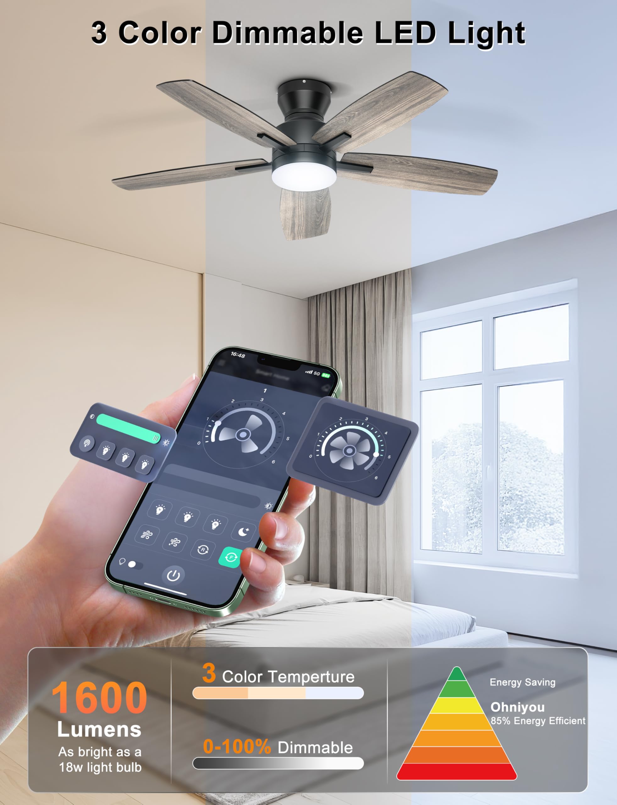 Ohniyou app-controlled ceiling fan for convenient smart operation from your phone.