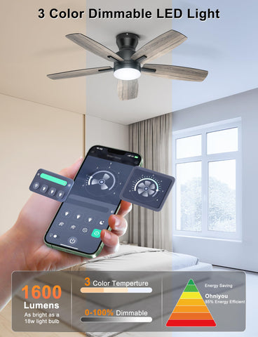 Ohniyou app-controlled ceiling fan for convenient smart operation from your phone.