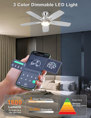 Ohniyou dimmable 18W LED light on ceiling fan for adjustable ambiance