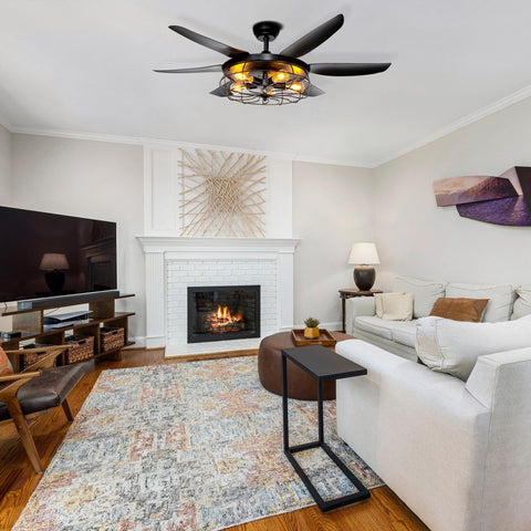 Ohniyou industrial black finish ceiling fan in a kitchen and living area