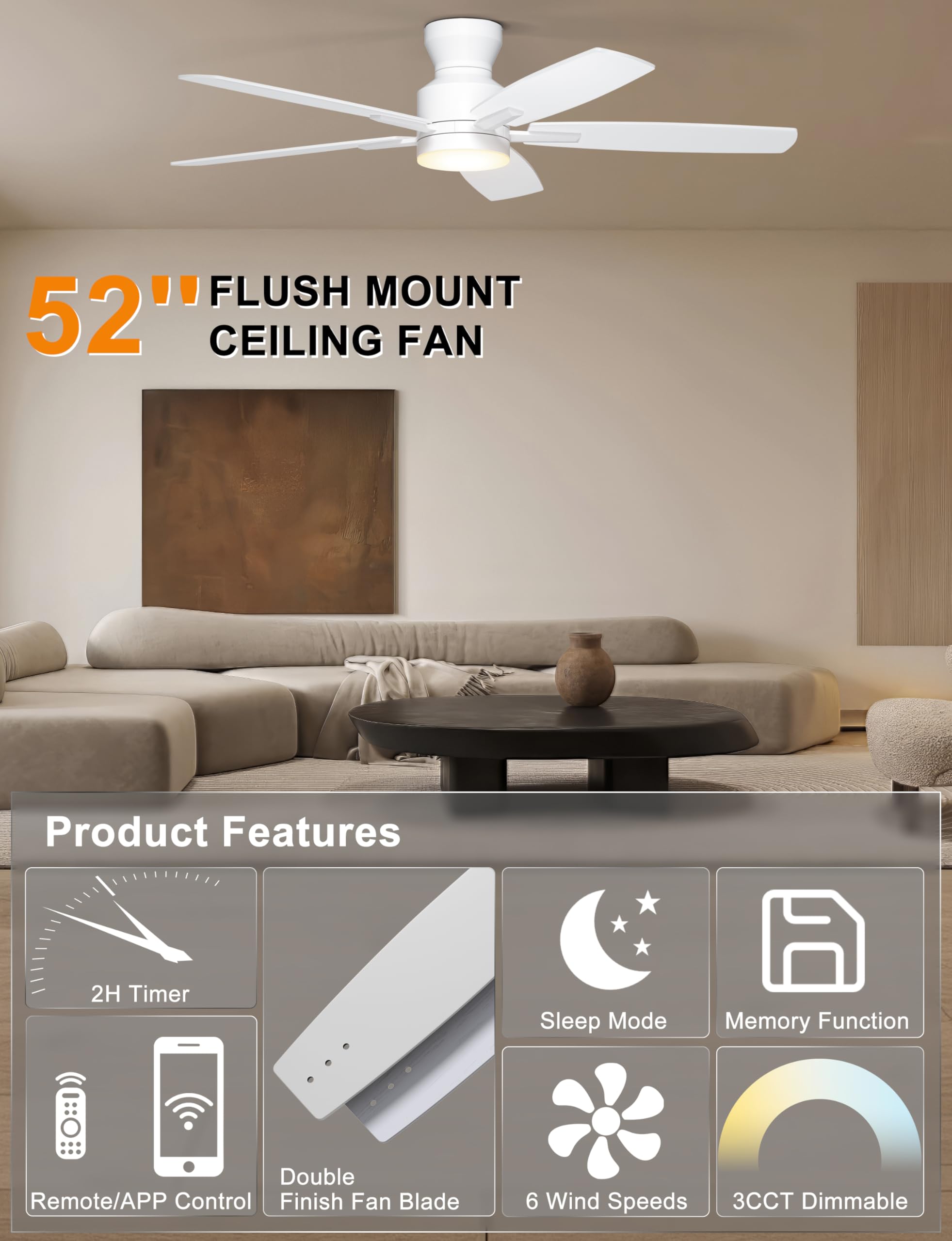 Ohniyou remote and app control ceiling fan in white.