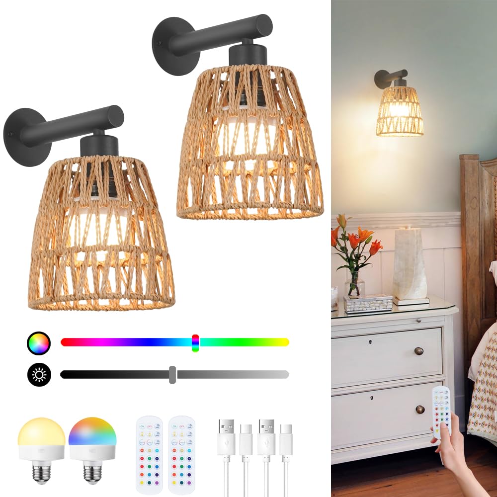 OIYIO boho wall sconce with rattan shade showcases warm ambient light in any room.
