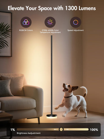 OIYN Corner Floor Lamp brightness control adapts from task lighting to cozy ambience.