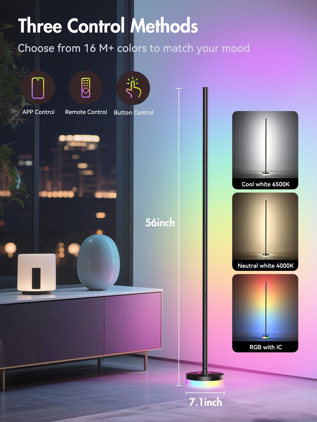 OIYN Corner Floor Lamp RGBICW glow creates dynamic color scenes for living rooms.