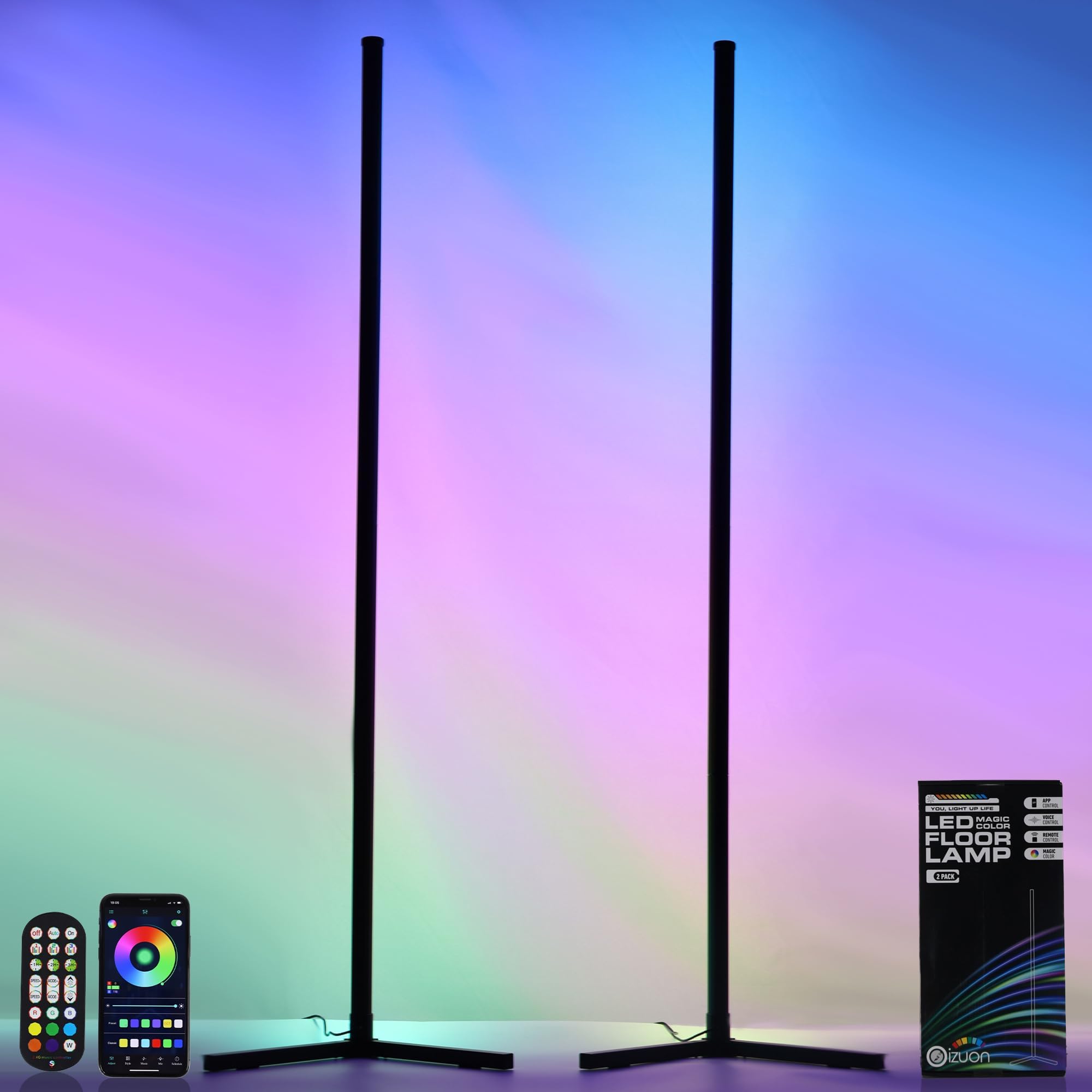 Oizuon corner-floor lamp 57-inch RGB LED provides vibrant mood lighting.