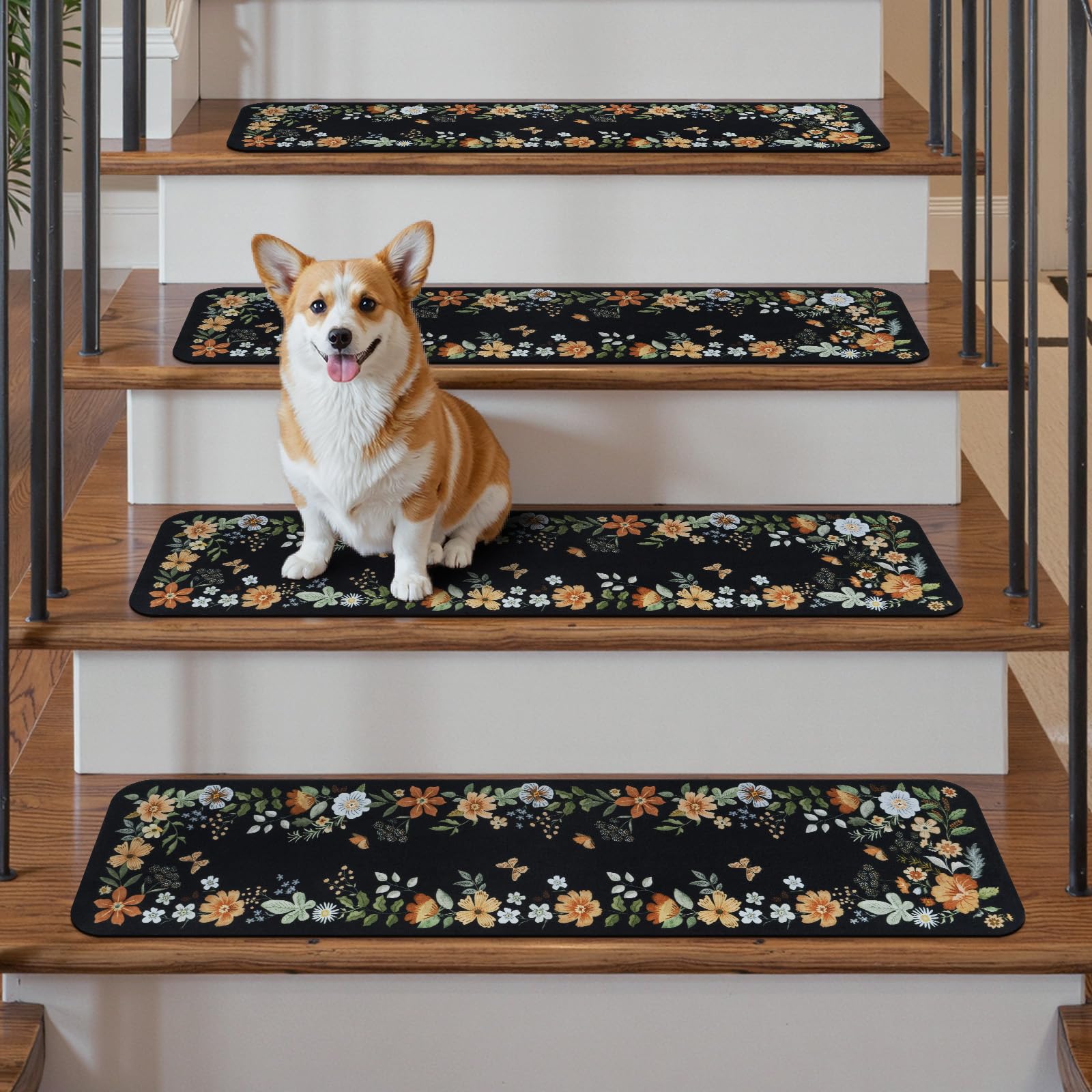 OJIA floral stair treads black edge fit on stair edge for neat look