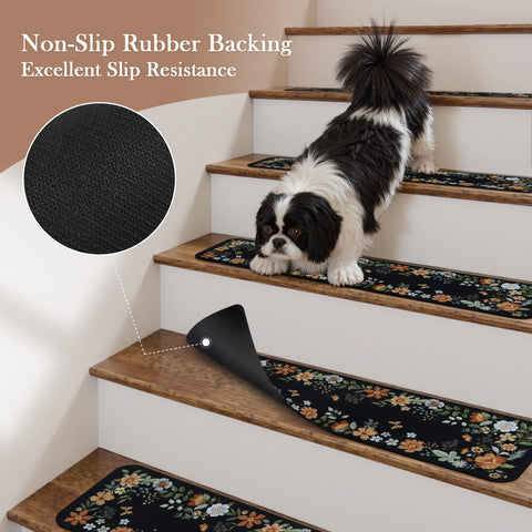 OJIA floral stair treads close-up non-slip backing highlights secure grip on smooth surfaces