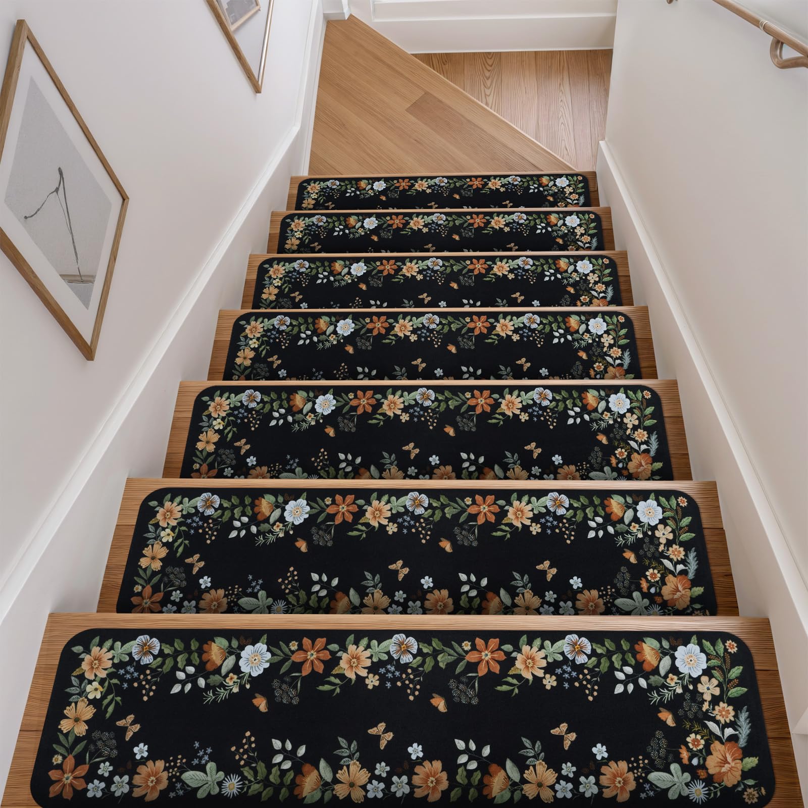 OJIA floral stair treads in black pack shot showing durable anti-slip backing for wooden stairs
