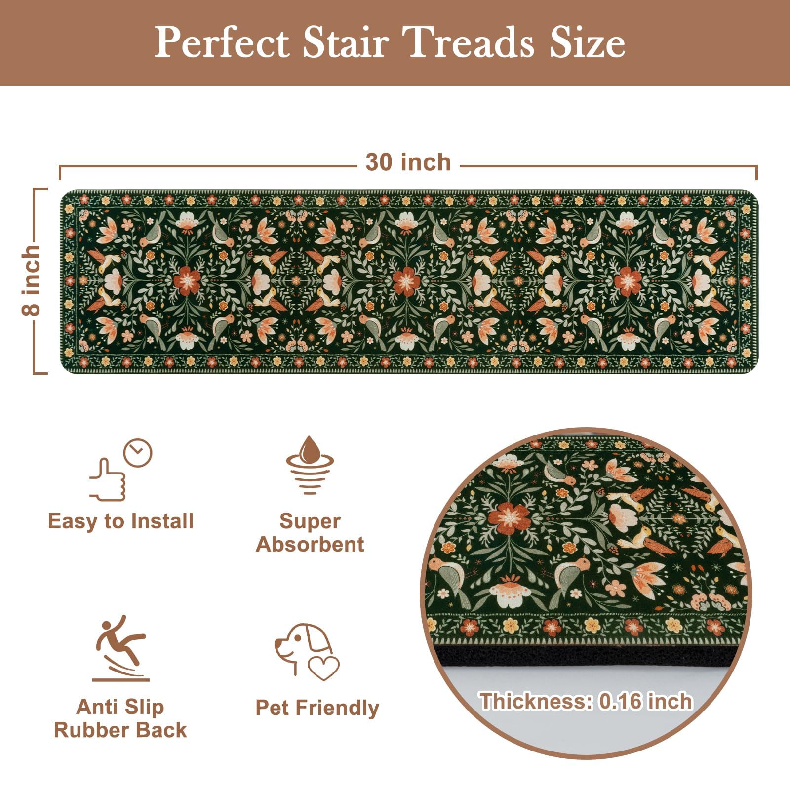 OJIA floral stair treads on wooden steps with soft cushioning.
