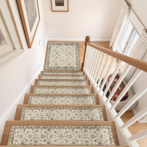 OJIA stair treads on wooden stairs protect surfaces and reduce noise.