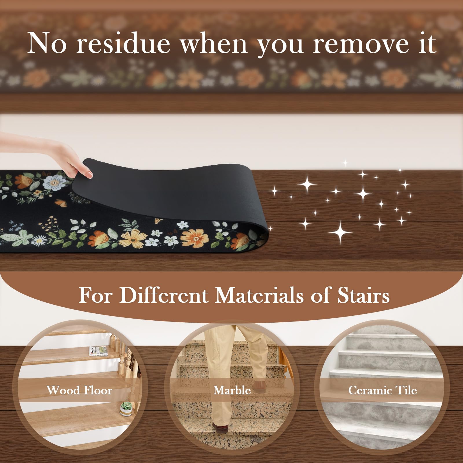 OJIA floral stair treads on wooden stairs application demonstrating versatility