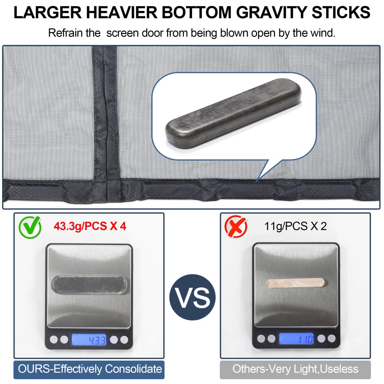 Okayavo bottom gravity sticks keep the screen closed against breezes.
