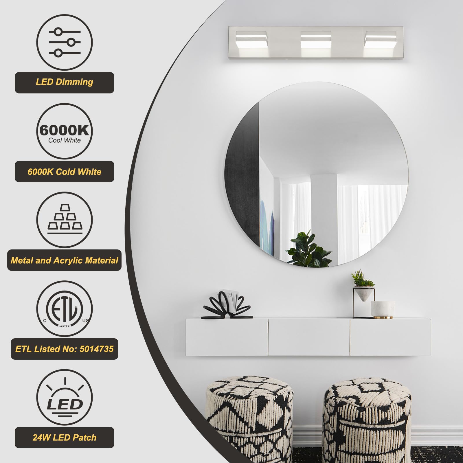 ETL-listed, rust-resistant brushed nickel finish for bathroom reliability