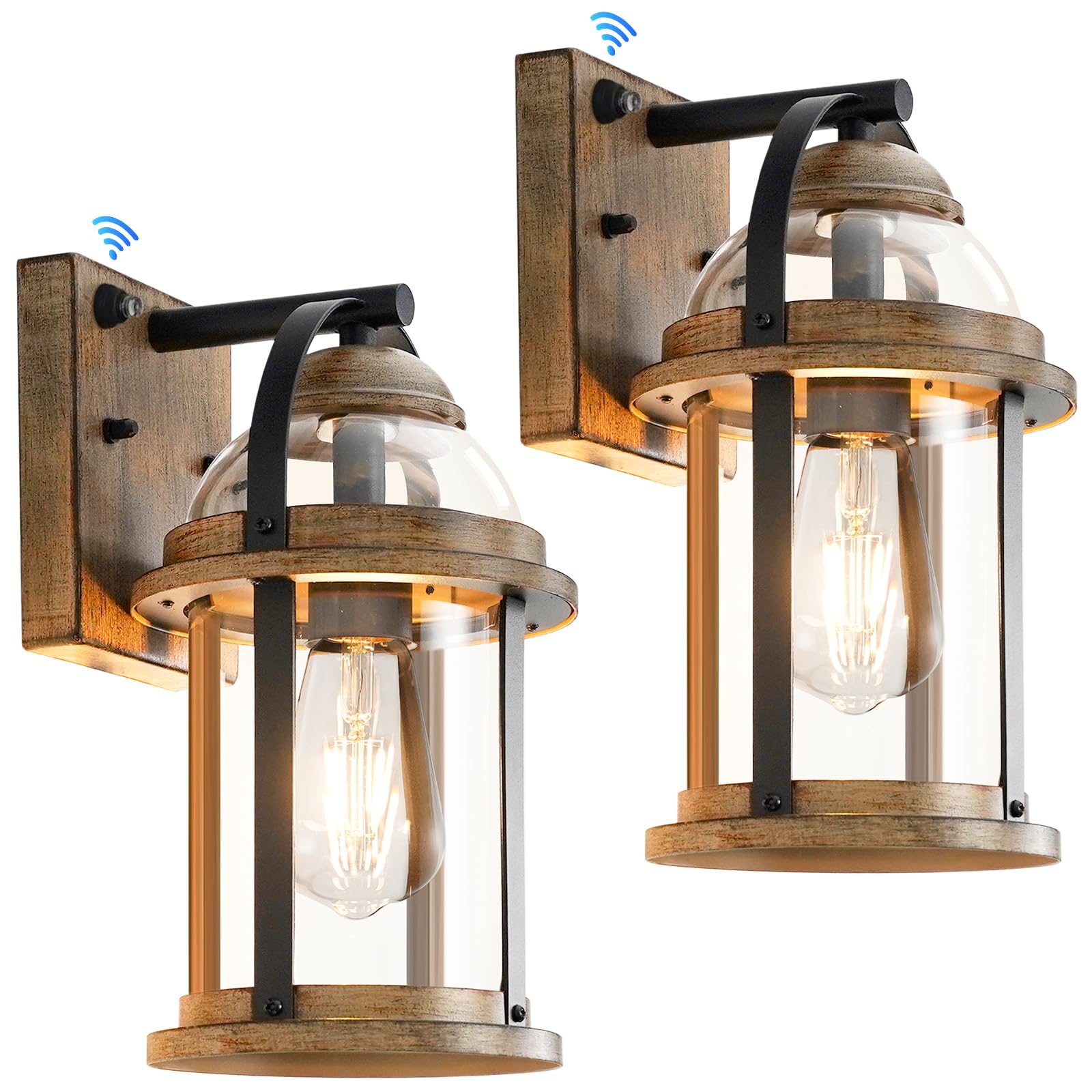 OKELI dusk-to-dawn outdoor wall light with wood grain finish illuminates entryways safely