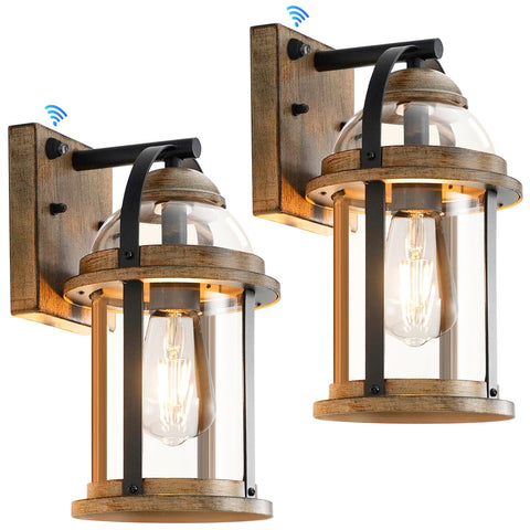OKELI dusk-to-dawn outdoor wall light with wood grain finish illuminates entryways safely