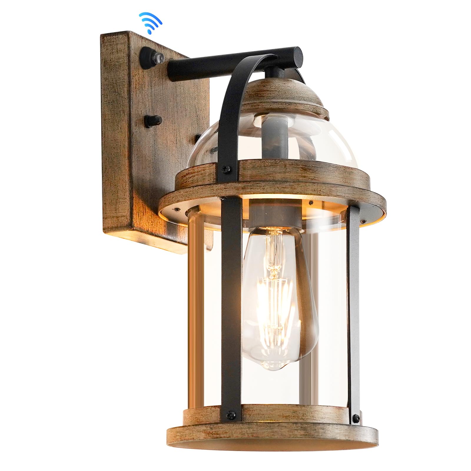 OKELI dusk-to-dawn wall light with wood grain finish brightens outdoor spaces