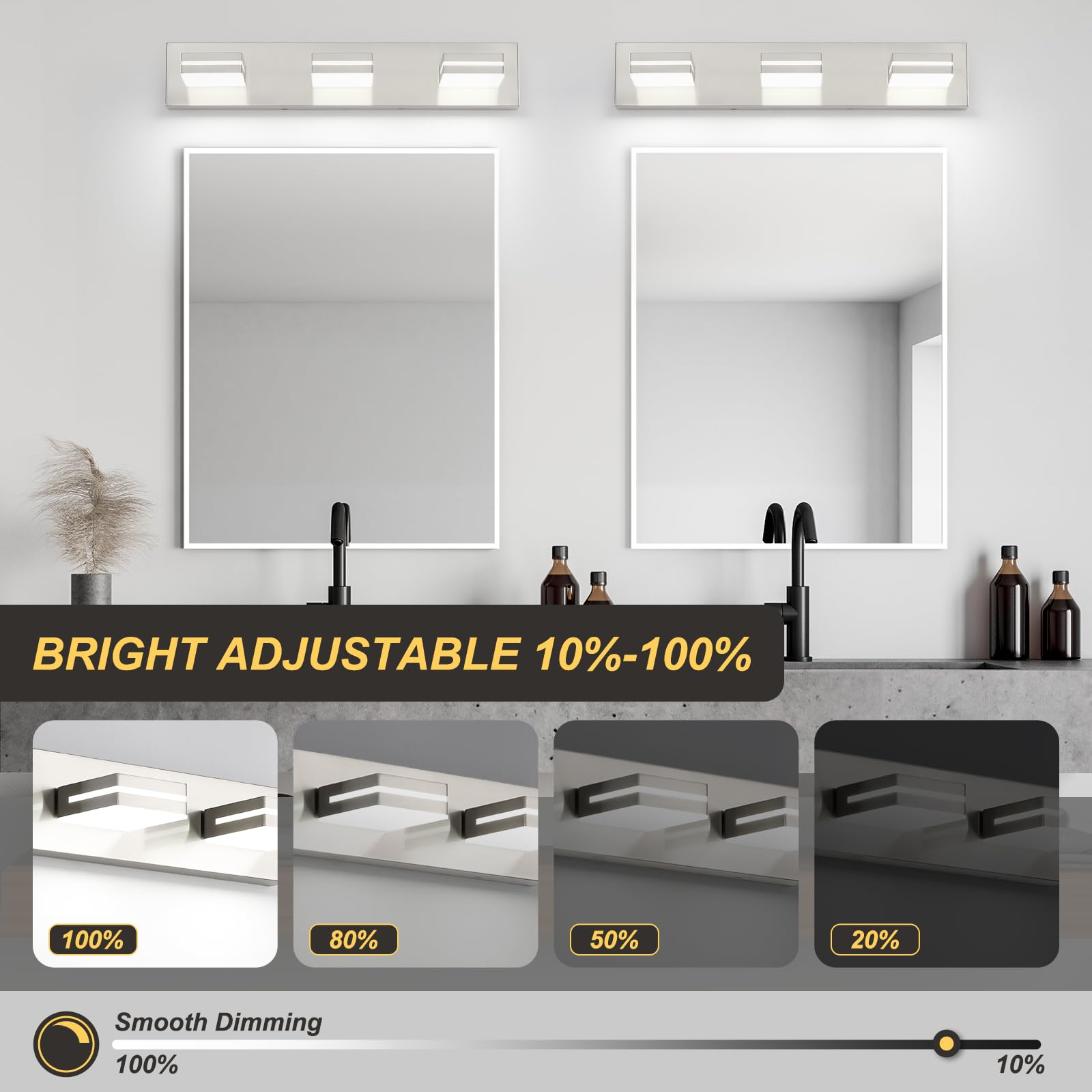 6000K cool white LED provides bright task lighting for makeup and grooming