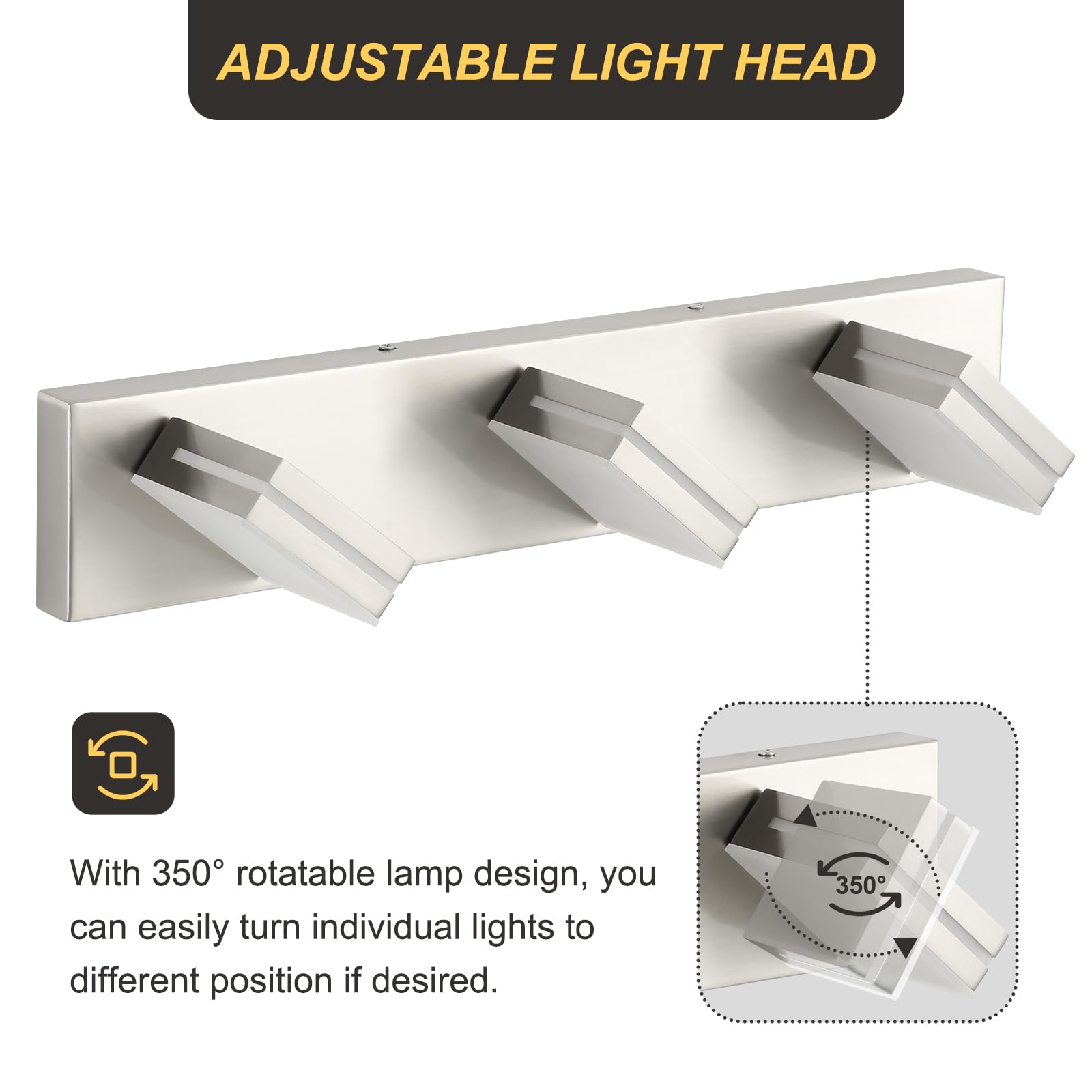 OKELI vanity light with 350-degree adjustable head for flexible lighting angles