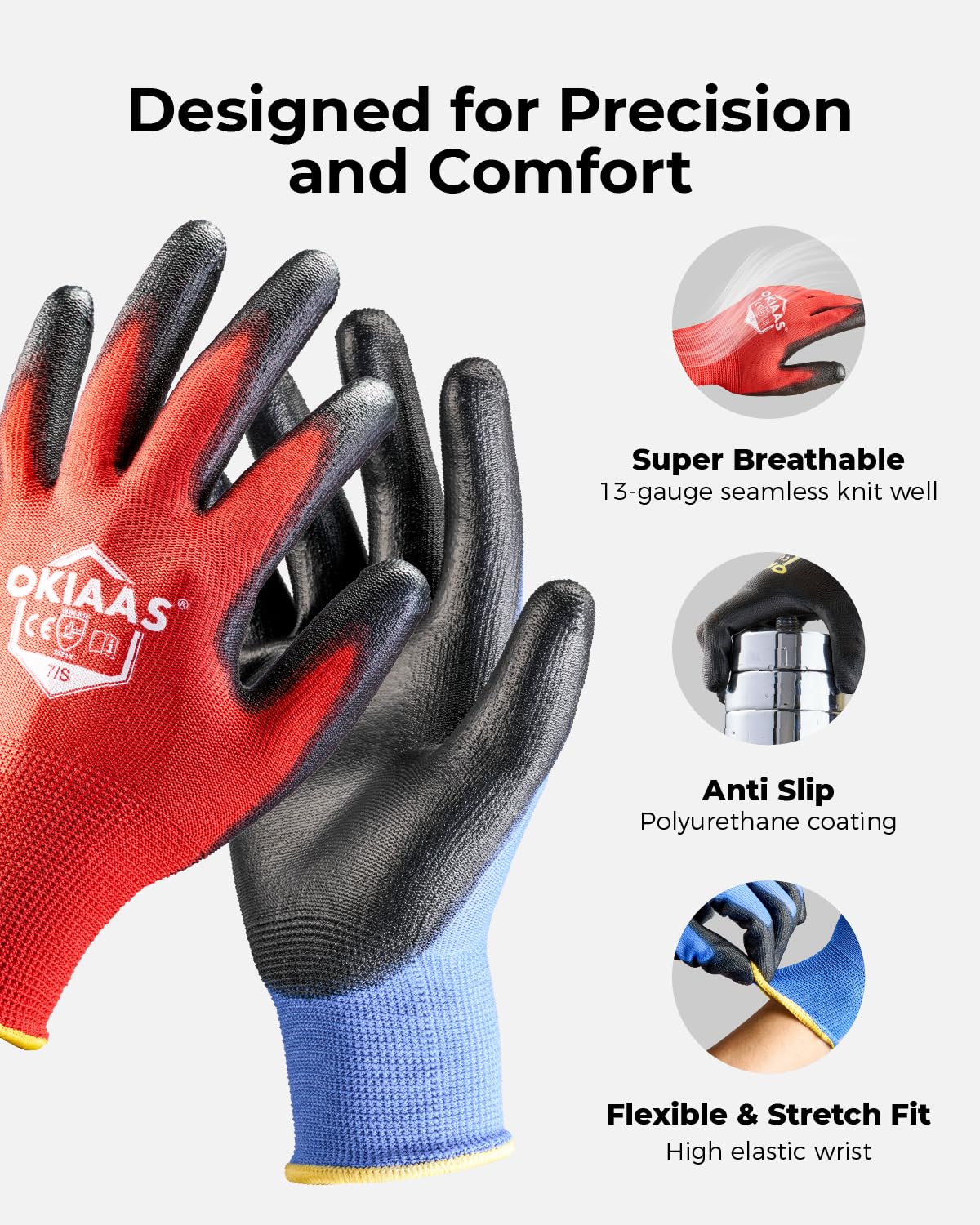 OKIAAS polyurethane grip palm improves hold on tools and parts.