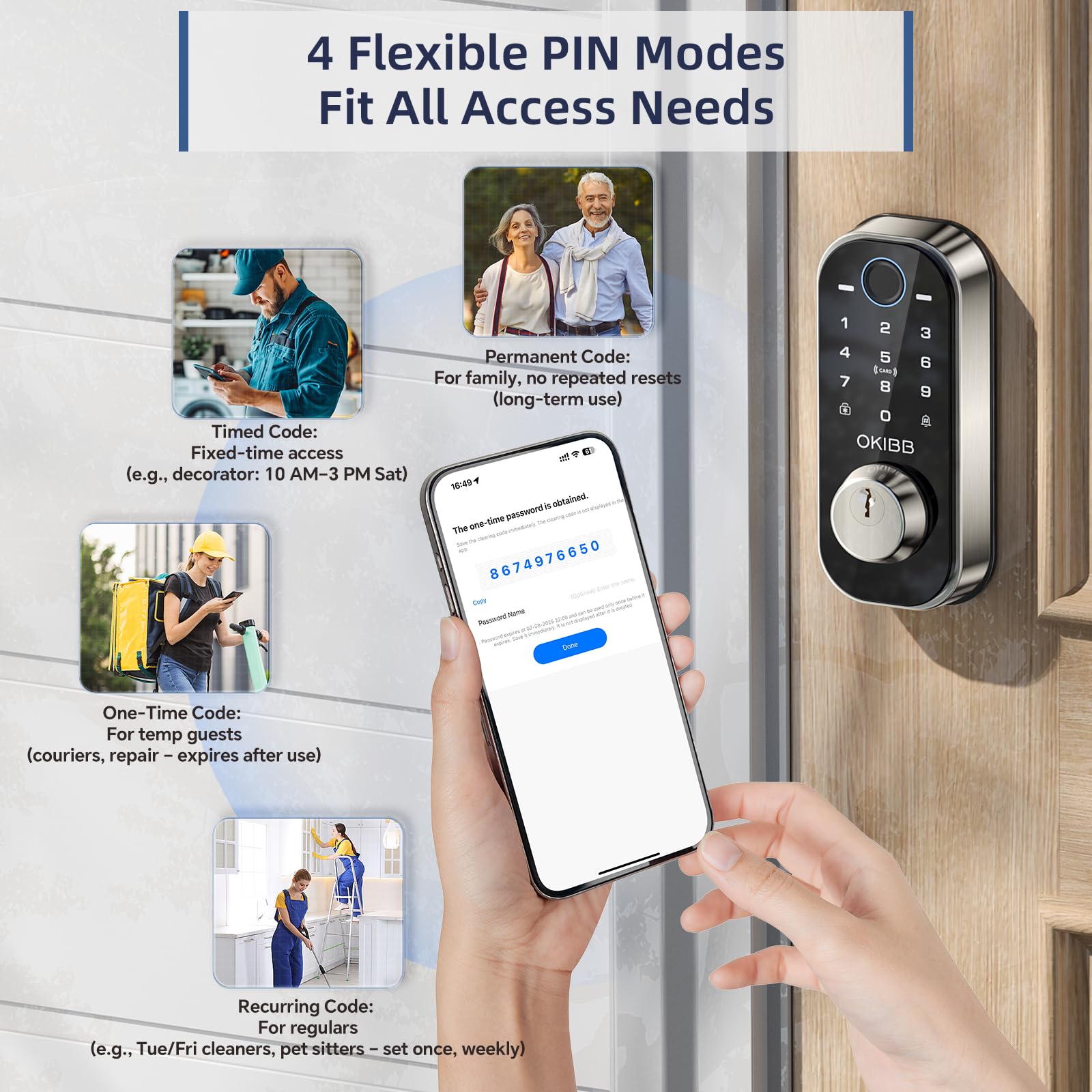 OKIBB auto-lock and one-touch locking feature illustrated on door