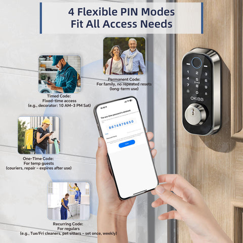 OKIBB auto-lock and one-touch locking feature illustrated on door