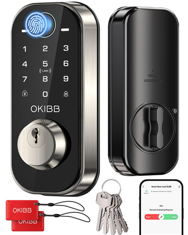 OKIBB Fingerprint Lock on front door showing Wi‑Fi connectivity for quick entry