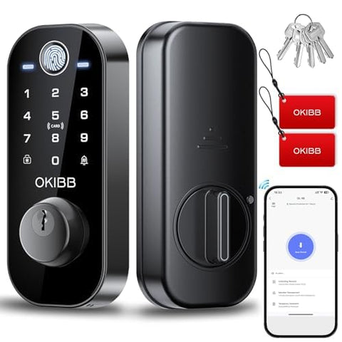 OKIBB fingerprint smart lock front view with quick biometric access and sleek black finish.
