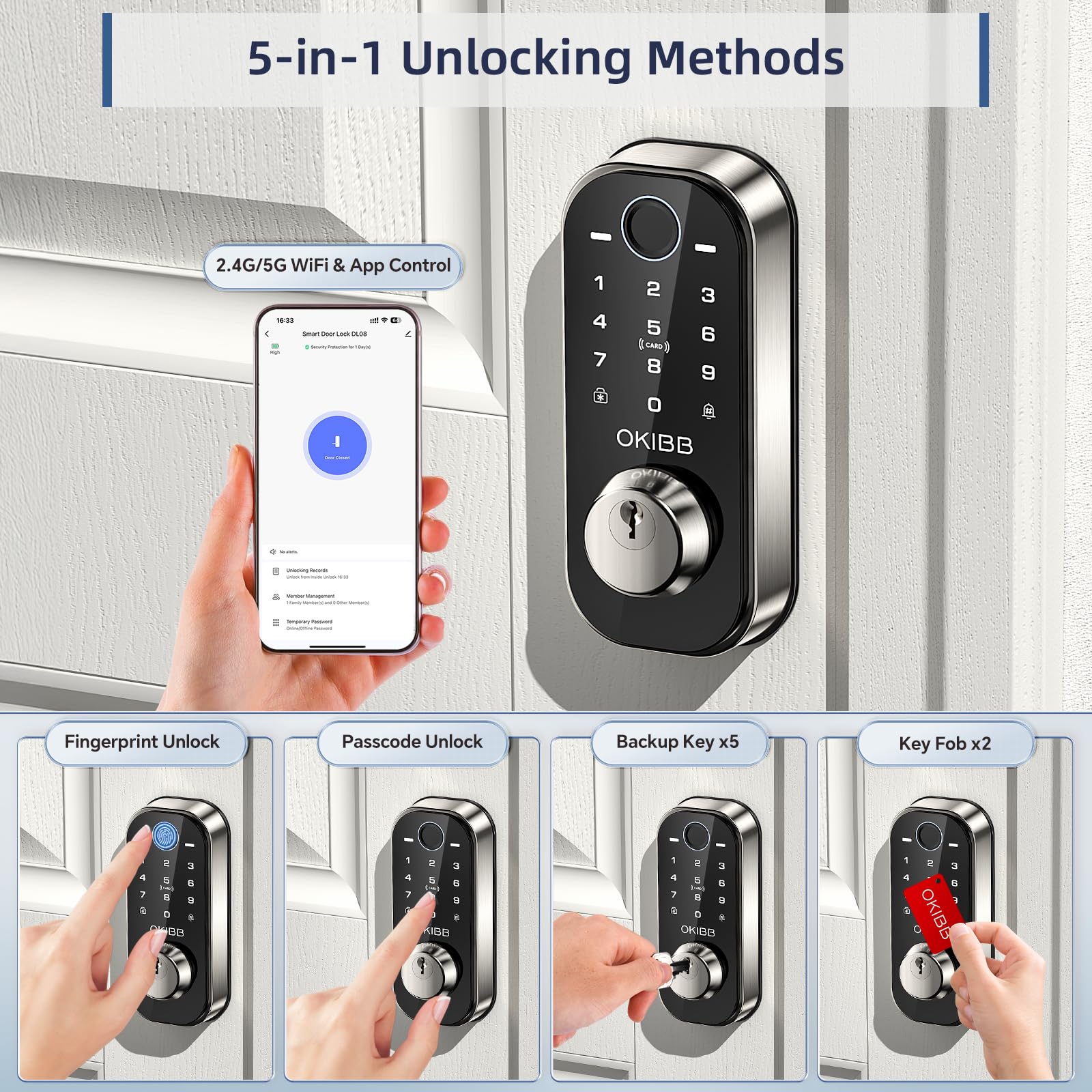 OKIBB smart keyless entry keypad mounted on door for guest access