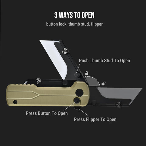 OKNIFE U1 Ultra pocket knife illustrating three opening options for quick deployment.