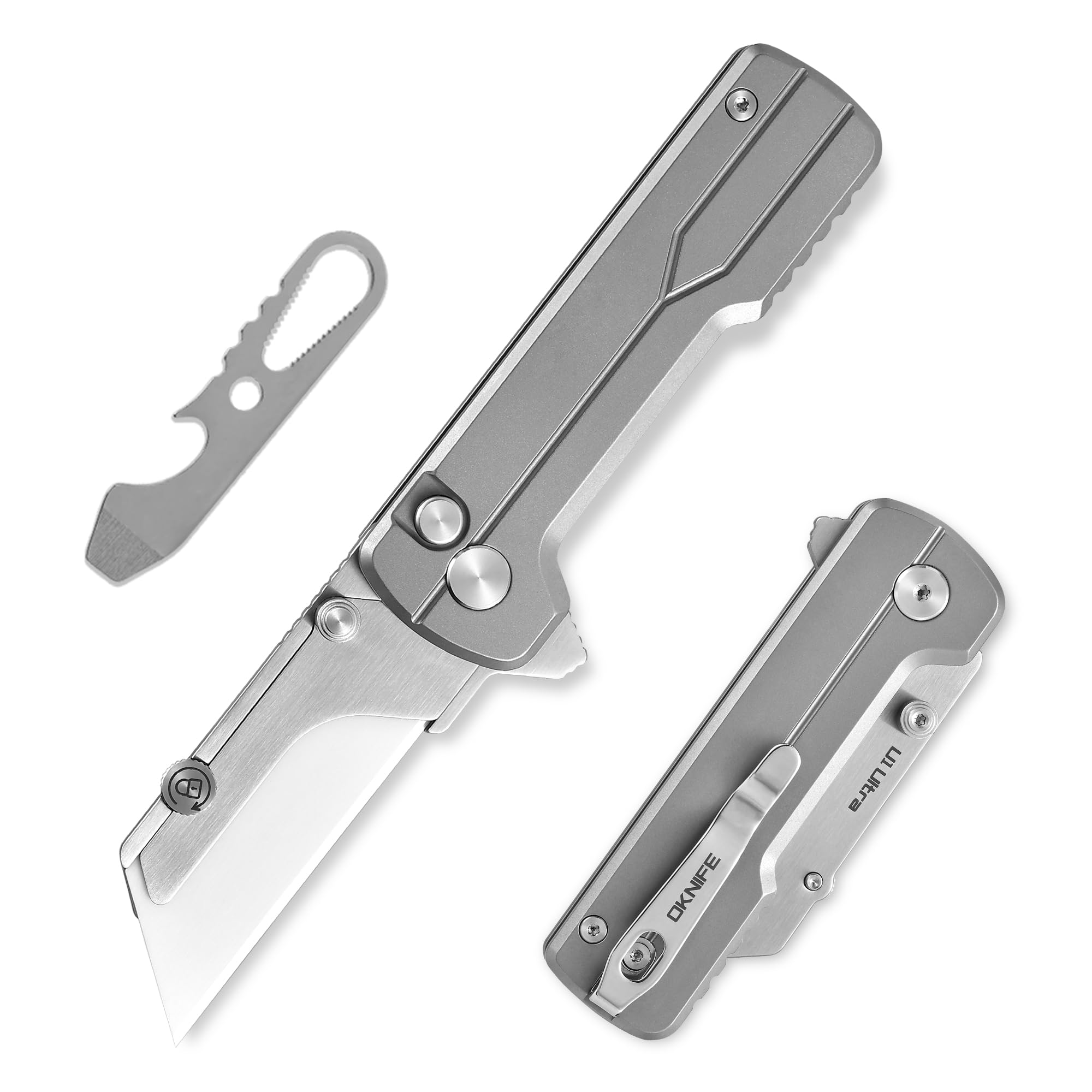 OKNIFE U1 Ultra titanium pocket knife clipped for easy access and daily carry.
