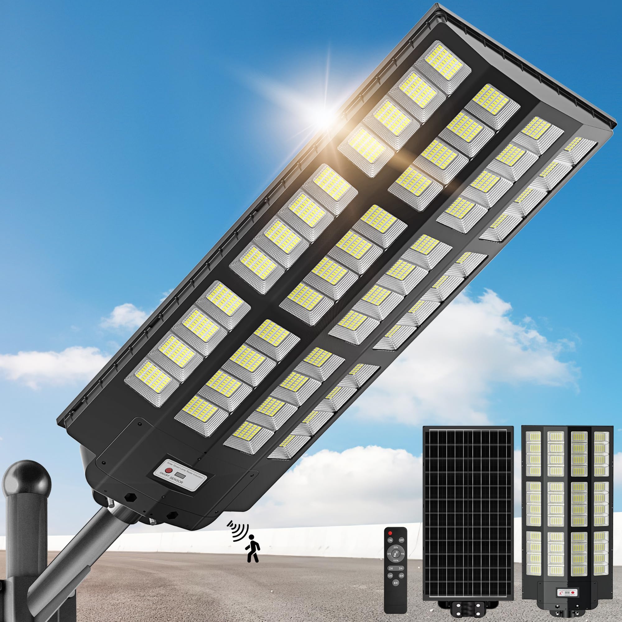 OKPRO 10000W solar street light front view showing bright LEDs for large area lighting