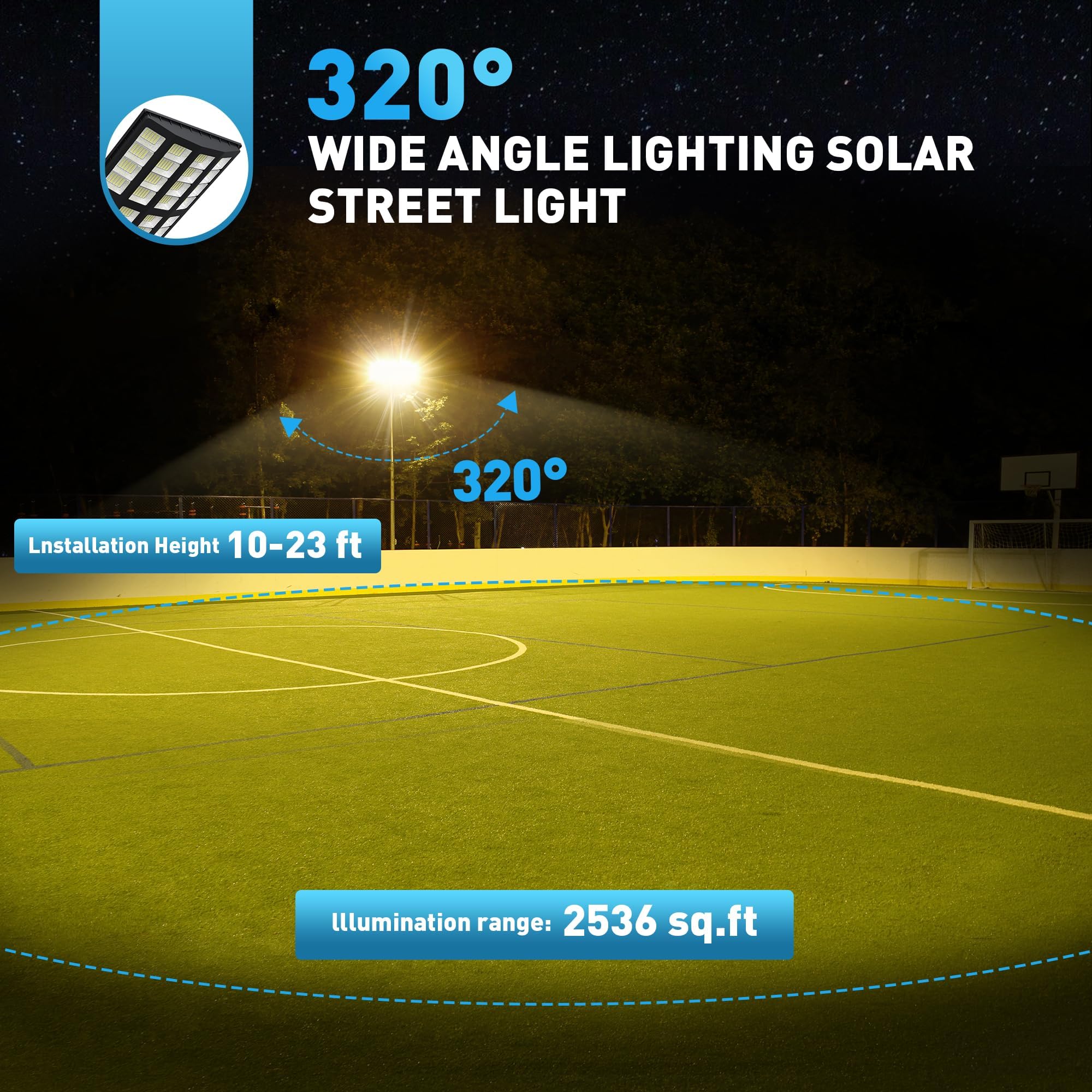 OKPRO 8000W motion-sensor activation lighting when approached.